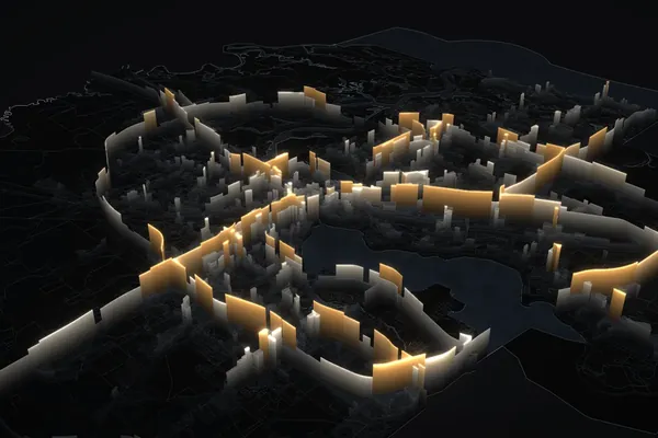The live 3D model of a city, blocks rising with the model's estimates